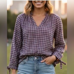 Madewell Plaid Cotton Linen Blend Popover Blouse With Tie Sleeves SZ LG